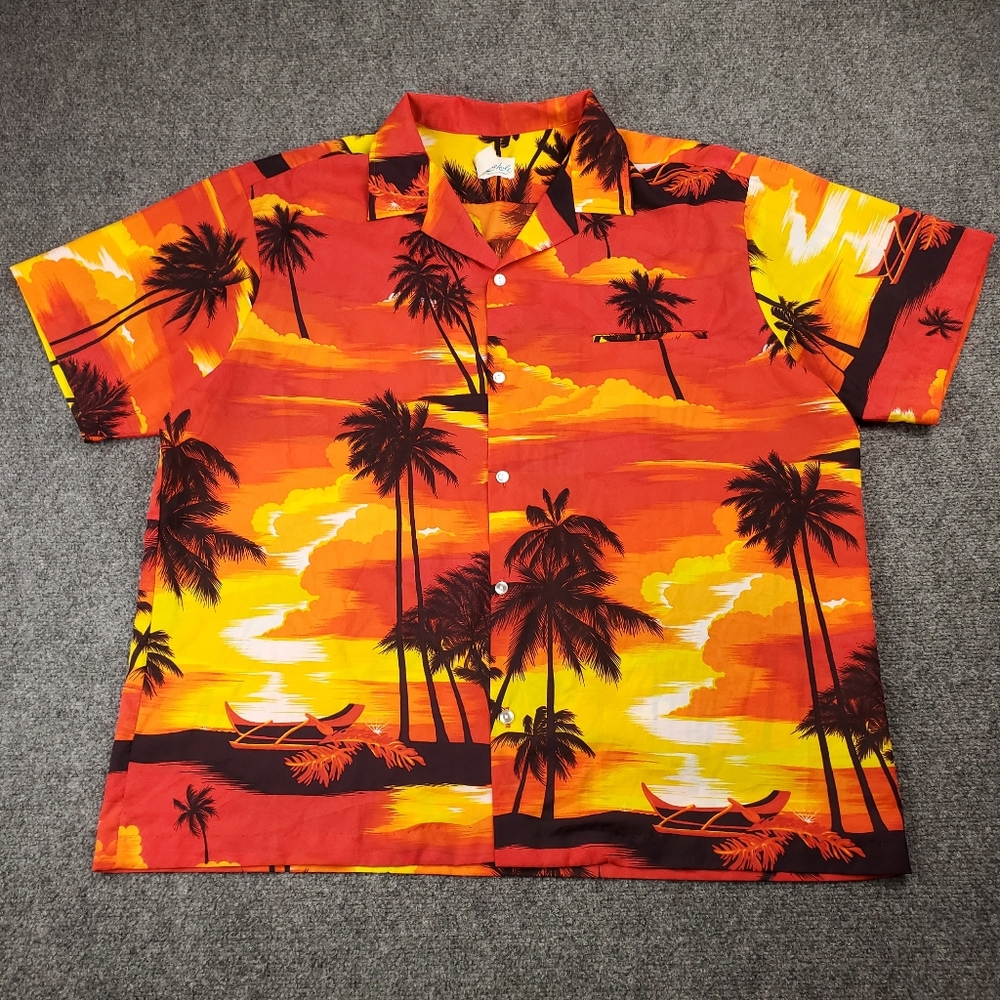 Vintage 60s 70s Kolekole Hawaiian Camp Shirt 2XL Tropical Beach Sunset Palm Tree